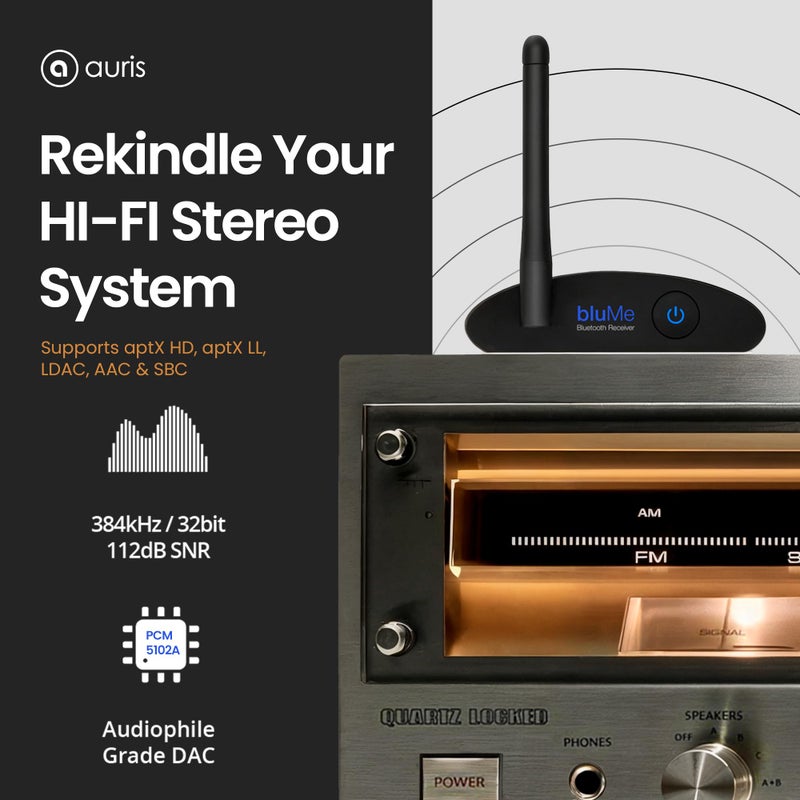 Auris Blume HD Long Range Bluetooth 5.3 Music Receiver Hi-Fi Audio Adapter with Audiophile DAC, LDAC & AptX HD for Home Stereo, AV Receiver or Amplifier - Image 2